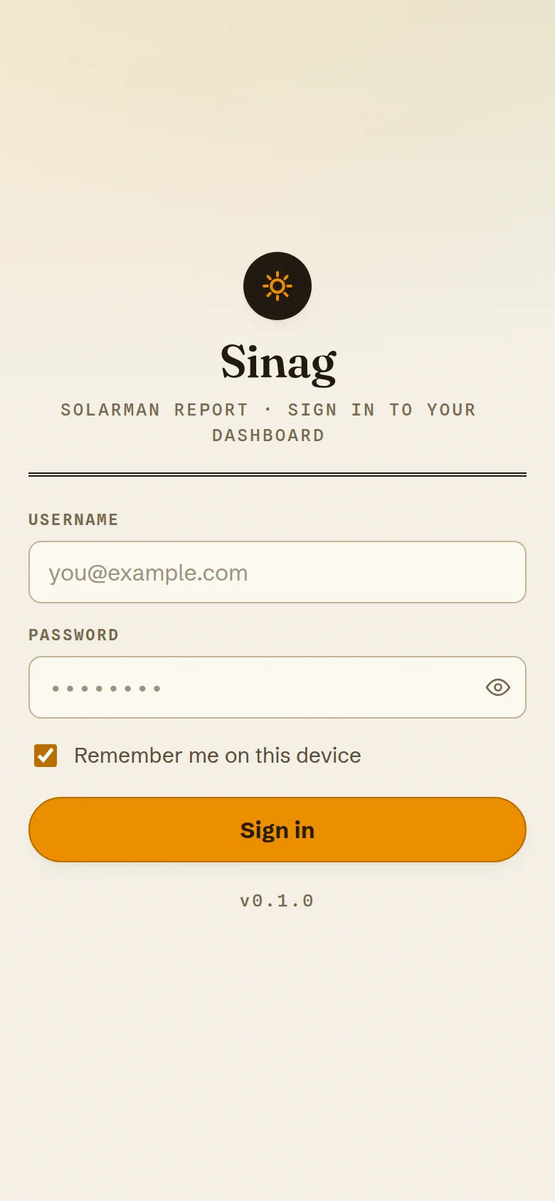 Sign-in page on a phone: Sinag sign-in with username, password and remember-me