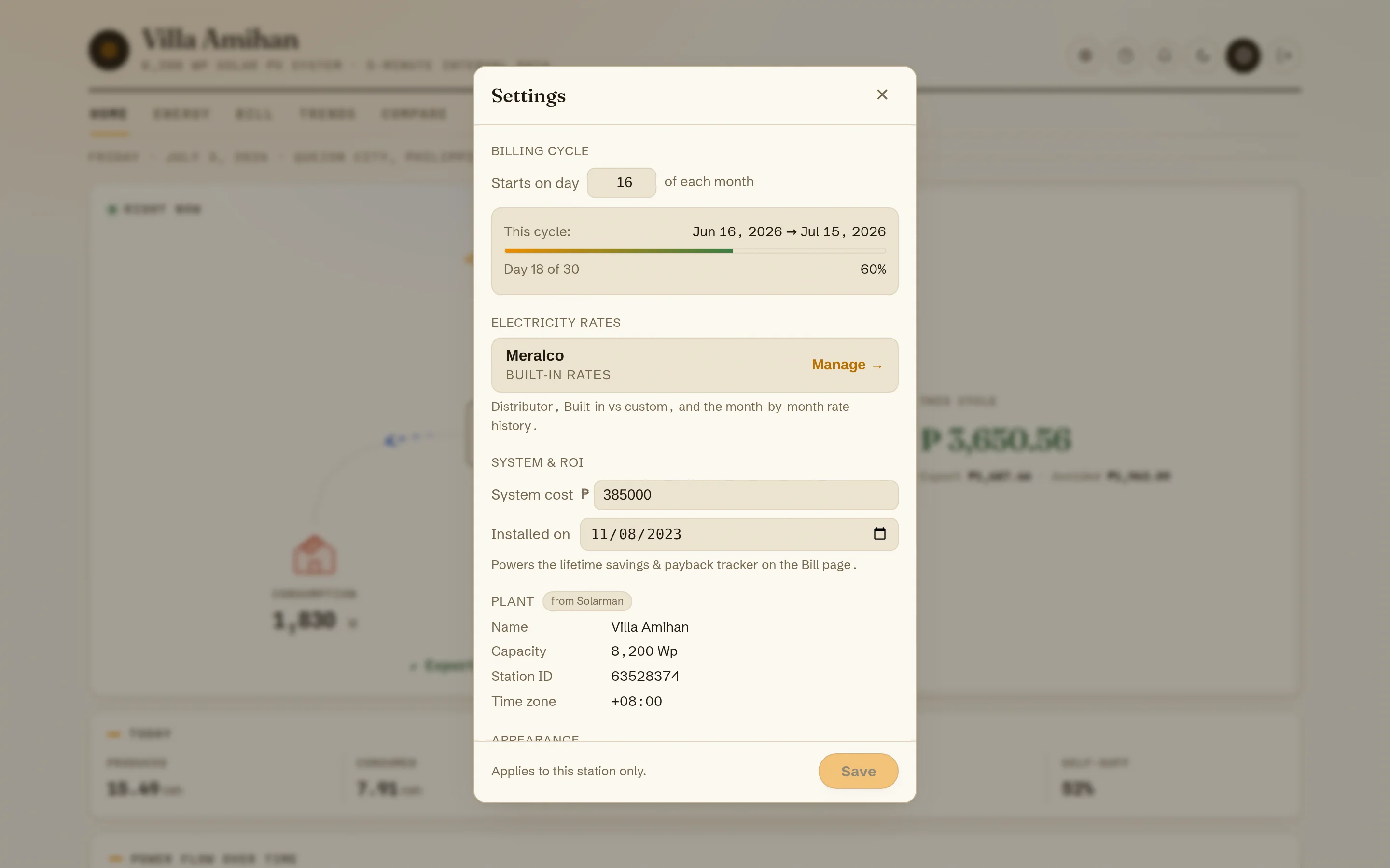 Settings modal: billing cycle start day, rate source, system cost and install date, and the day/night theme toggle
